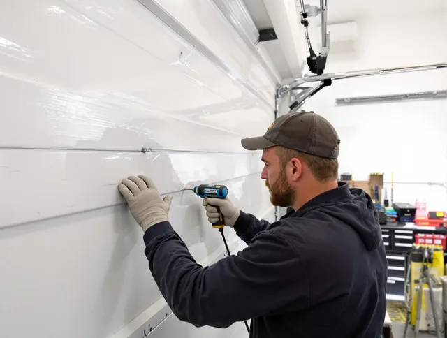 Wickliffe Garage Door Repair technician demonstrating precision dent removal techniques on a Wickliffe garage door