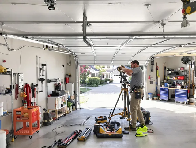 Wickliffe Garage Door Repair specialist performing laser-guided track alignment in Wickliffe